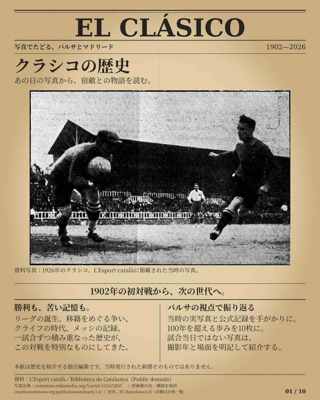 「クラシコの歴史」表紙。1902年から2026年までの対戦史を紹介する新聞風ビジュアル。写真は1926年の実際のクラシコ。