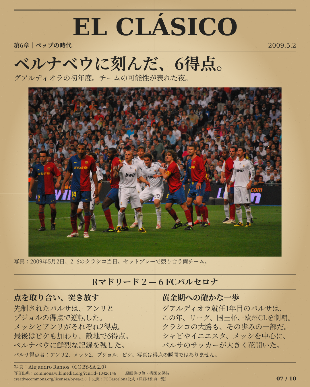 第6章、2009年5月2日にバルサが敵地で6–2と勝ったクラシコ。当日のセットプレーで競り合う両チームの写真。得点の瞬間ではない。